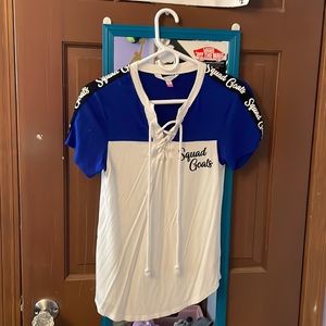 Blue black and white T-shirt with laces